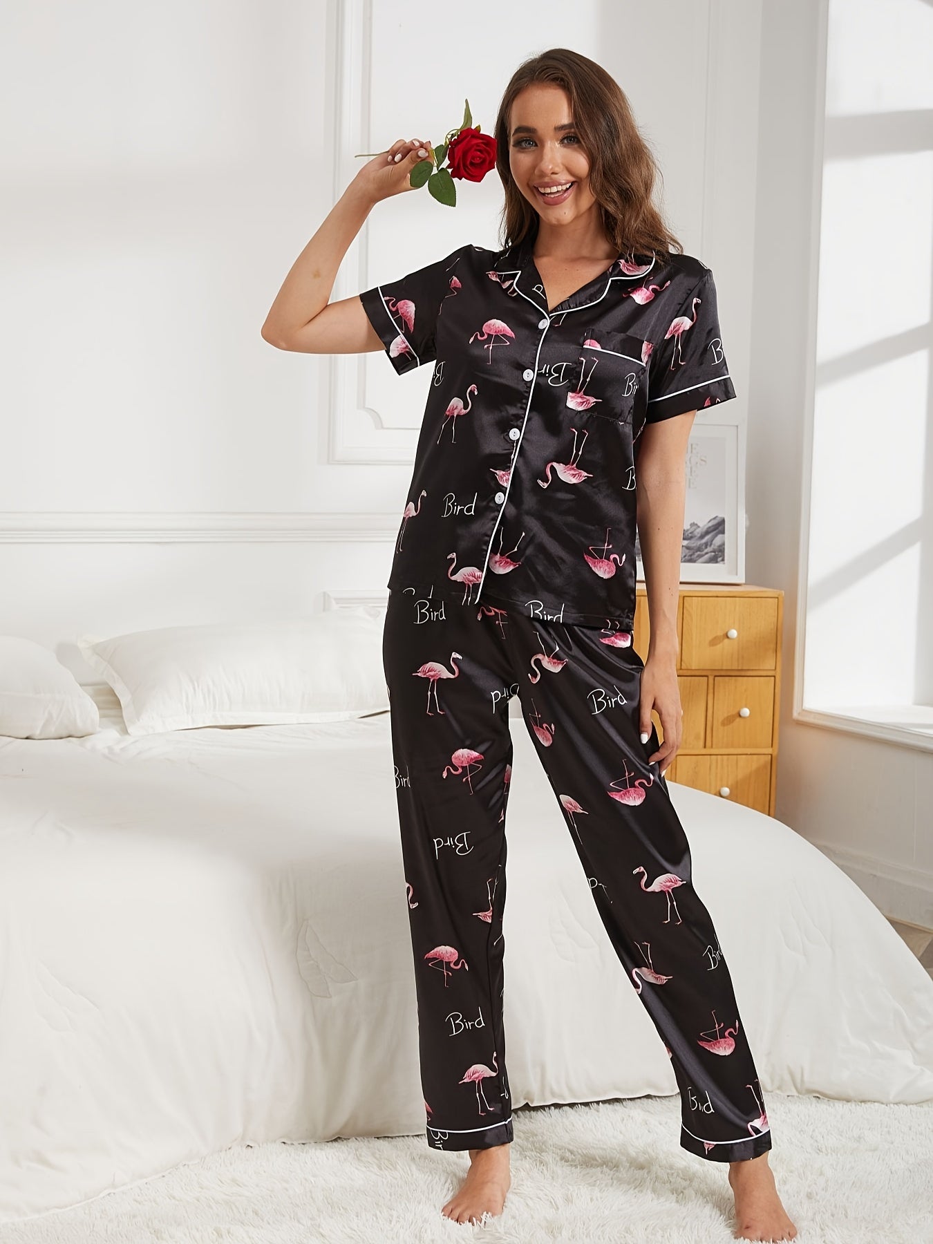 Flamingo Print Pajama Set Short Sleeve Top & Pants