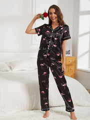 Flamingo Print Pajama Set Short Sleeve Top & Pants