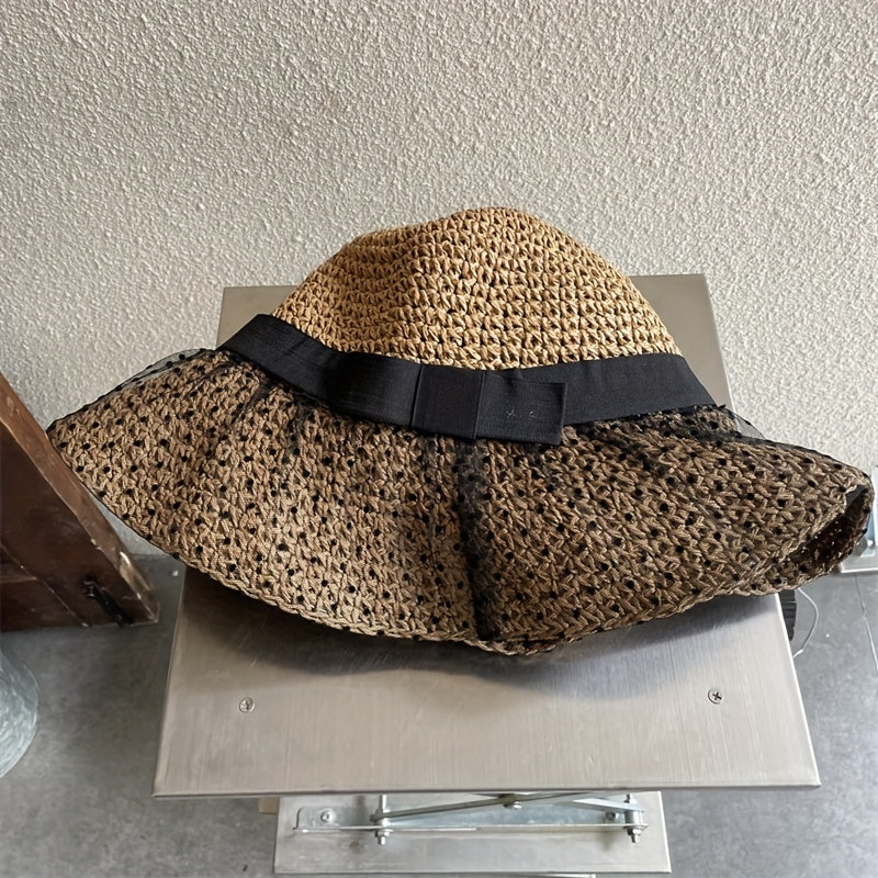 Mesh Straw Sun Hat Crochet Breathable Bucket Hat Wide Brim Foldable