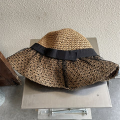 Mesh Straw Sun Hat Crochet Breathable Bucket Hat Wide Brim Foldable