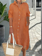 Button Up Roll Up Sleeve Shirt Dress With Pockets