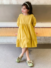 Girl's Cotton Puff Sleeve Princess Dress for Summer Parties