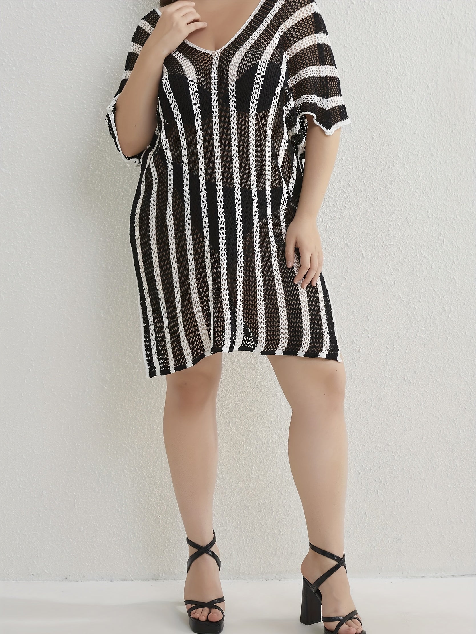Women's Plus Size Striped Bat Sleeve V Neck Cover Up Dress