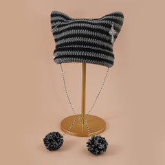 Y2K Cat Beanies Vintage Pom Pom Chain Crochet Hats