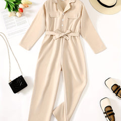 Girls Casual Long Sleeve Cargo Jumpsuit With Belt Set