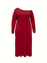 Plus Solid Lantern Sleeve One Shoulder Maxi Dress