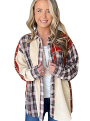 Plaid Corduroy Patchwork Shacket Long Sleeve Jacket
