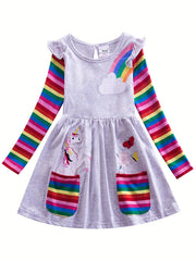 Girls Rainbow Unicorn Dress with Pockets