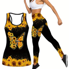 Sunflower & Butterfly Print Tank Top & Leggings Yoga Outfit Set