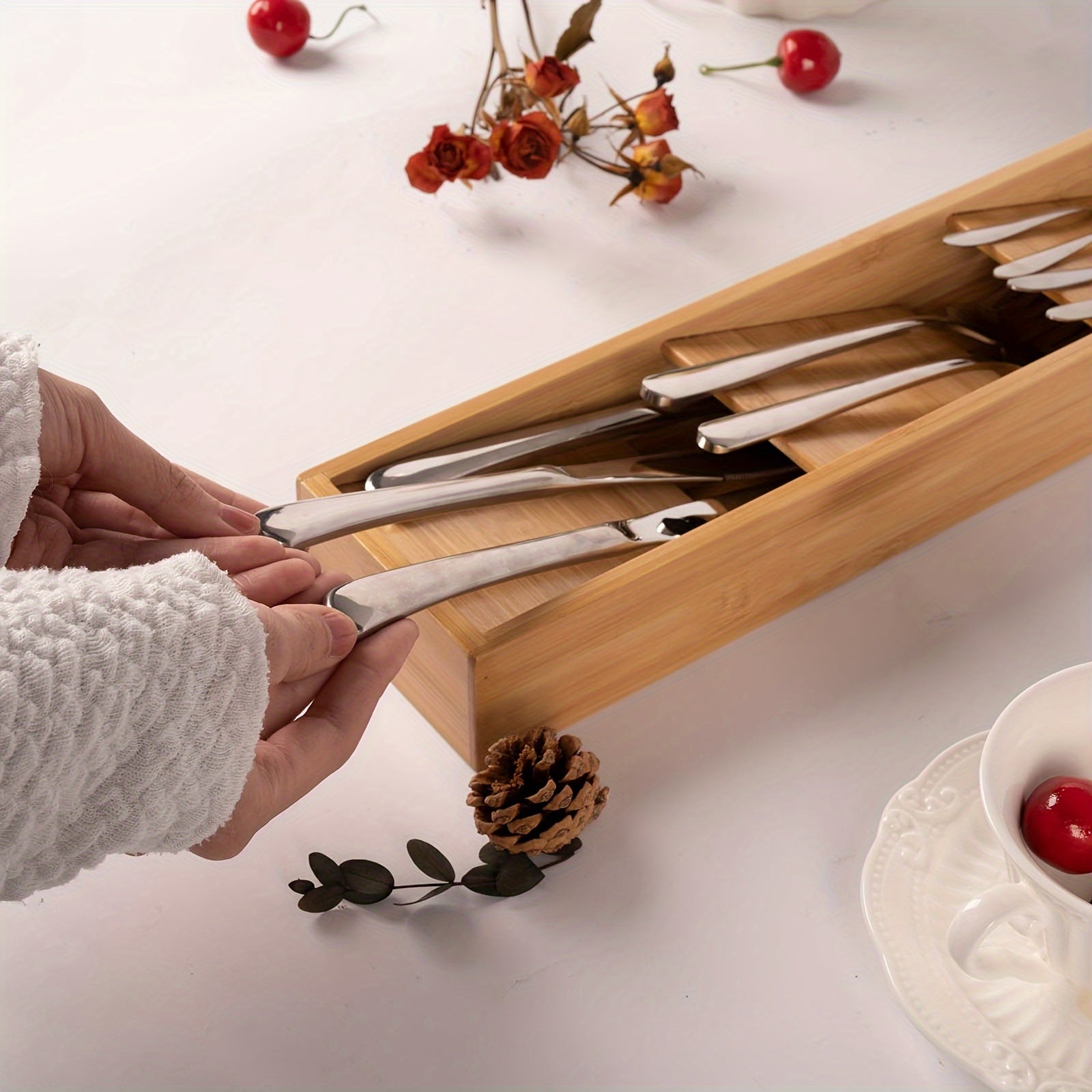 Bamboo Drawer Divider Organizer Cutlery Tray Kitchen Utensil Holder