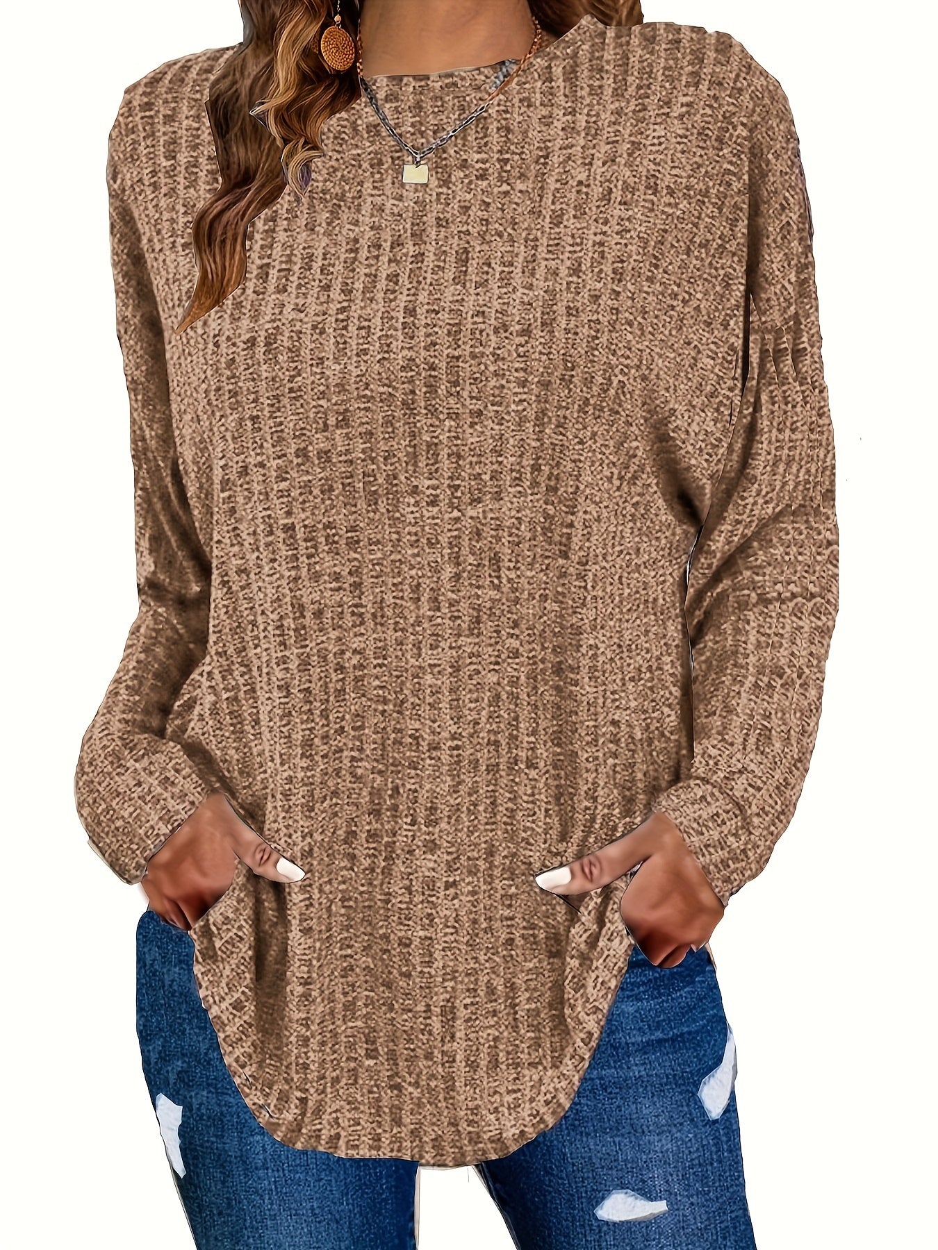 Solid Ribbed Long Sleeve Knit Top