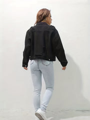 Ripped Holes Denim Jackets Long Sleeves Single Breasted Button Lapel Denim Coats