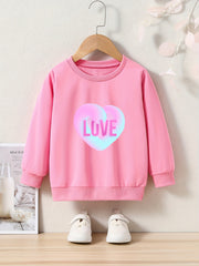 Girls Love Heart Print Crew Neck Sweatshirt for Fall Winter