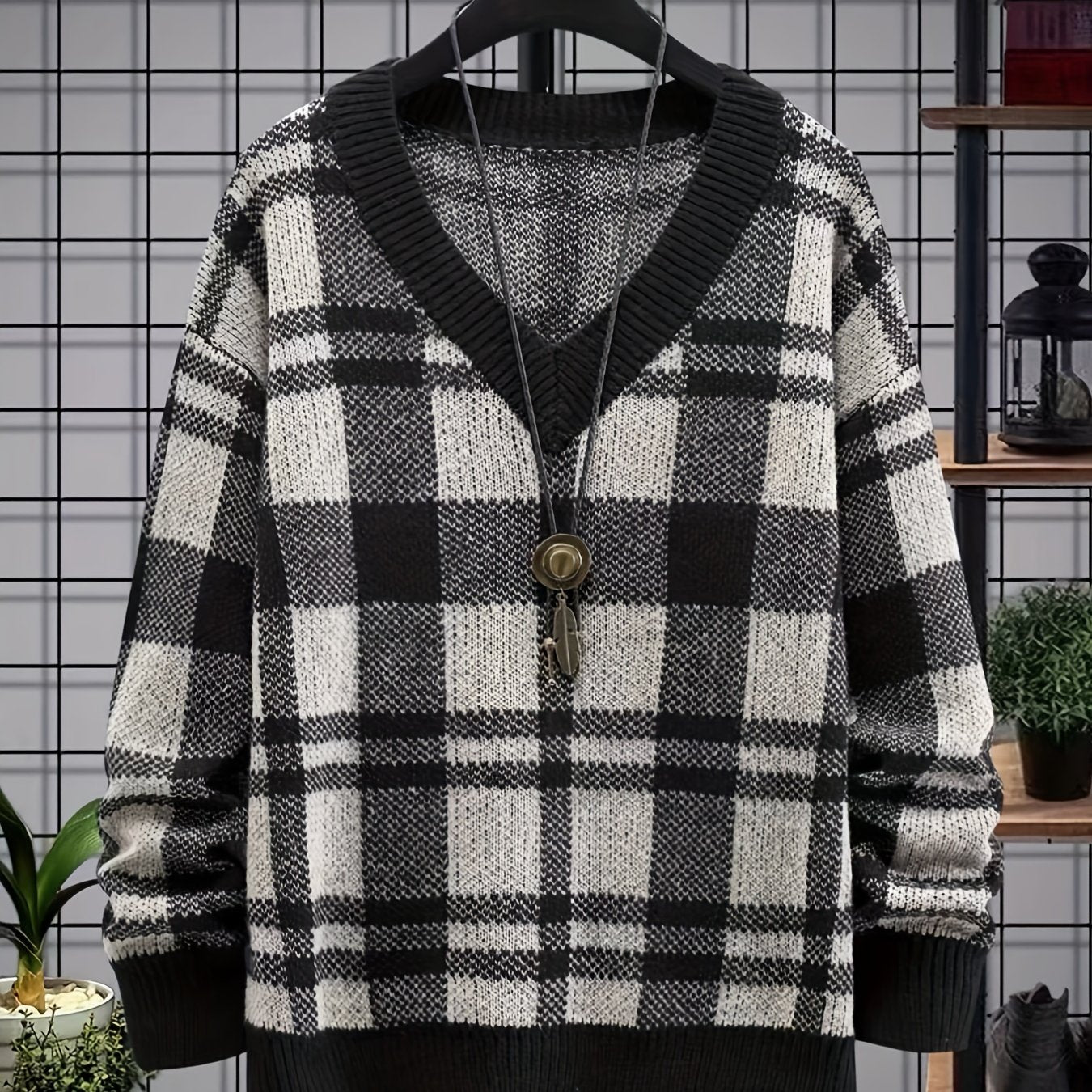 Men's Plaid Loose Fit V Neck Sweater for Fall Winter