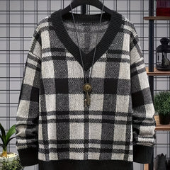 Men's Plaid Loose Fit V Neck Sweater for Fall Winter
