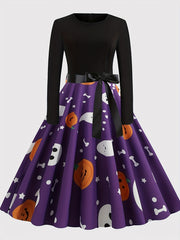 Halloween Skull & Pumpkin Print A-line Dress