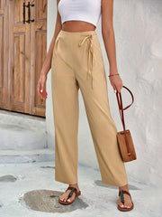 Tied Waist Pleated Straight Leg Casual Pants