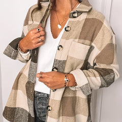 Button Plaid Drop Shoulder Jacket for Fall & Winter