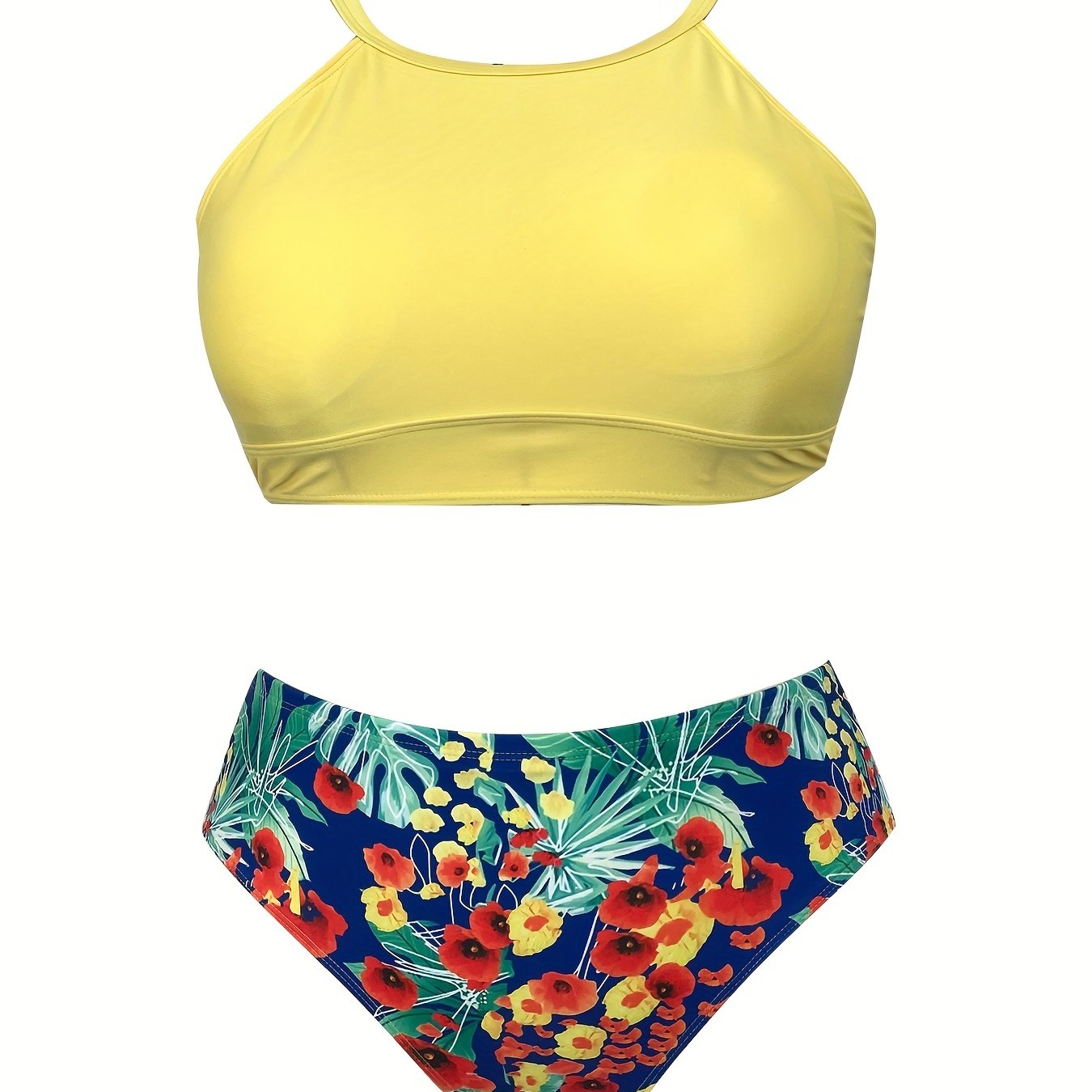 Casual Tankini Set Halter Neck Cami Bra & Floral Print Brief