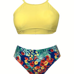 Casual Tankini Set Halter Neck Cami Bra & Floral Print Brief