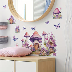2pcs Mushroom Wall Decal Green Leaves Butterflies Flowers Mushroom House