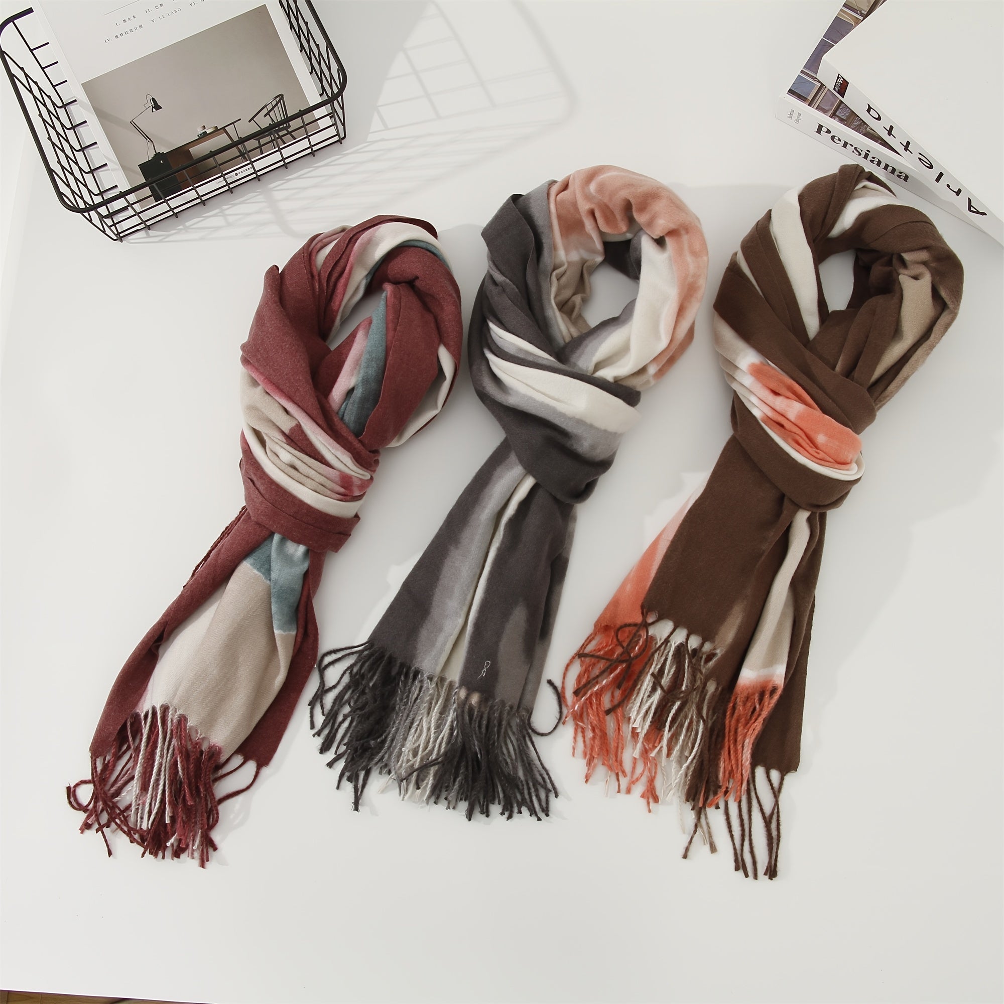 Tie Dye Winter Scarf with Tassel Mixed Colors Cold Weather Scarf Wrap