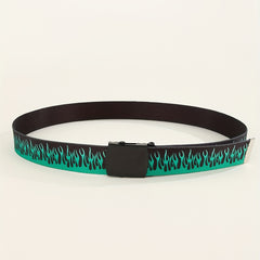 Men's Flame Pattern Auto Buckle Belt Casual Jeans Pants Waist Strap