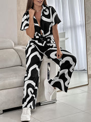Abstract Print 2pc Set Open Front Short Sleeve Tops & Wide Leg Pant