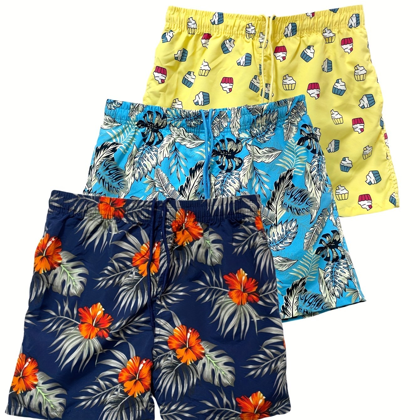 Quick Drying Drawstring Men's Swim Trunks with Inner Mesh, Plants and Cake Print