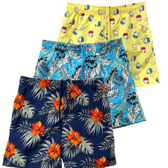 Quick Drying Drawstring Men's Swim Trunks with Inner Mesh, Plants and Cake Print