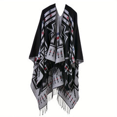Geometric Print Cashmere Shawl with Tassels