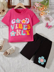 Girls Flower & Letter GOOD VIBES T-Shirt & Shorts Set