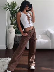 Dark Brown High Waist Wide Leg Cargo Denim Pants