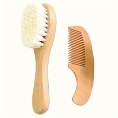 2pcs Natural Wooden Hair Brush & Comb Set, Soft Goat Hair Massage Comb