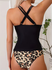 Leopard Print Cross Back Tankini Swimsuit Halter Stretchy 2 piece Bathing Suit