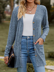 Ribbed Button Up Long Sleeve V Neck Knit Cardigan