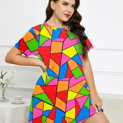 Plus Colorblock Short Sleeve Round Neck Sleep Dress