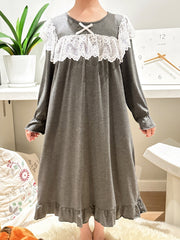 Girls Nightdress Long Sleeve Round Neck Princess Dress Lace Bow Decor