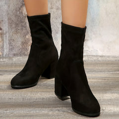 Solid Chunky Heel Boots Slip On Comfortable Walking Shoes
