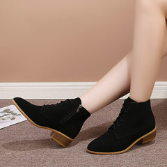 Chunky Heeled Lace Up Short Boots Side Zipper Women's Footwear
