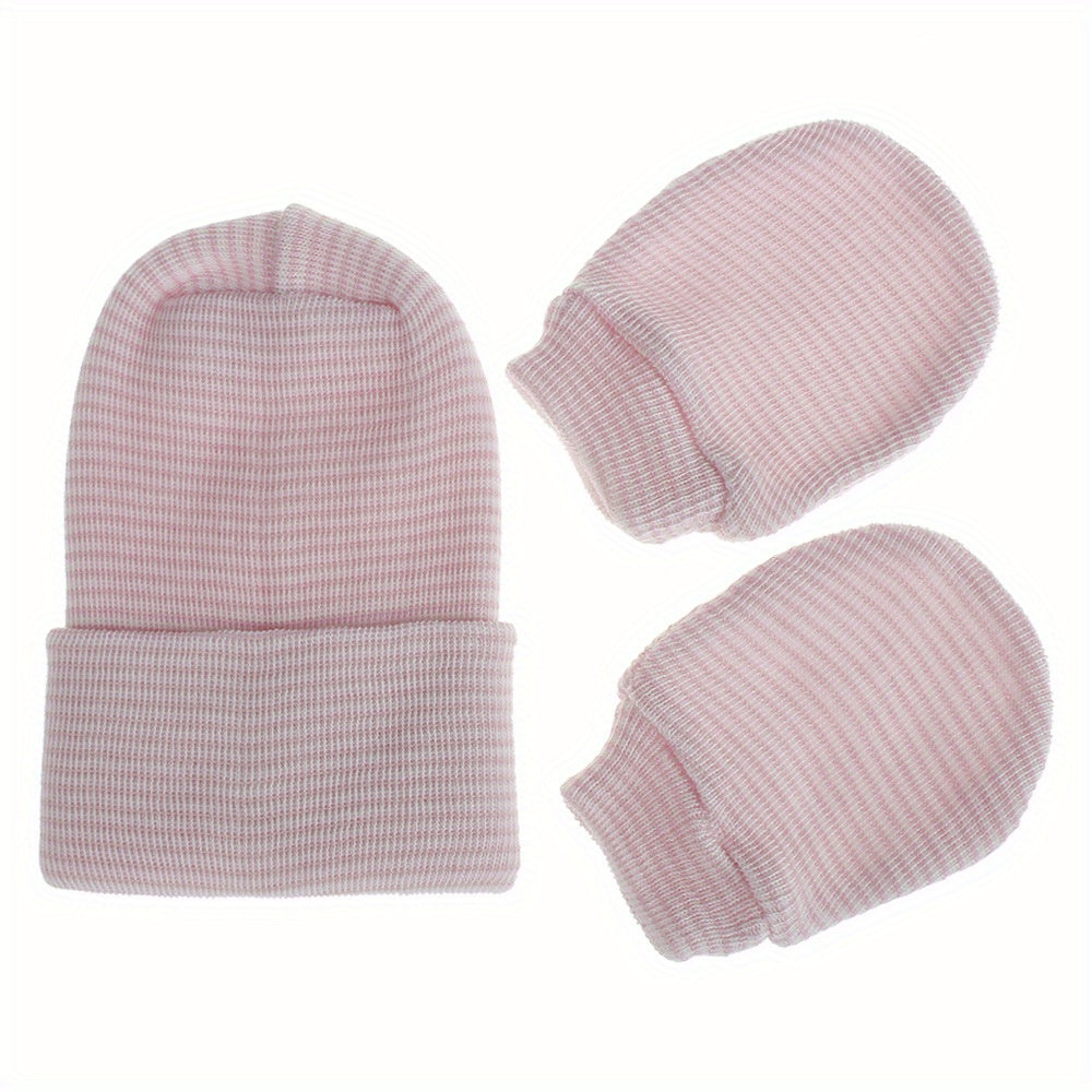 Baby Double Layer Thickened Fetal Cap Newborn Striped Gloves Hat Set