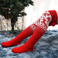 Christmas Elk Thigh High Socks - Pompom Decor - Women's Stockings