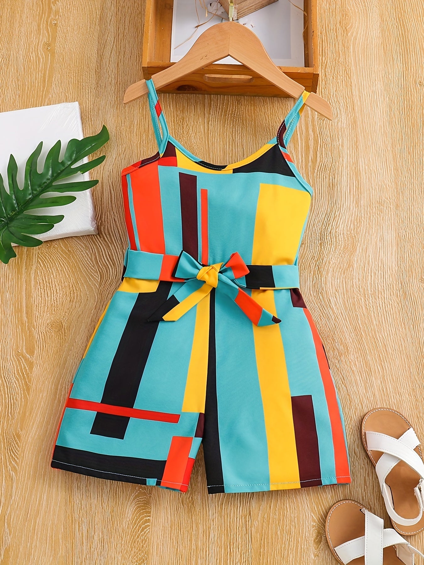 Girls Cami Romper Block Geometry Print Jumpsuit With Belt