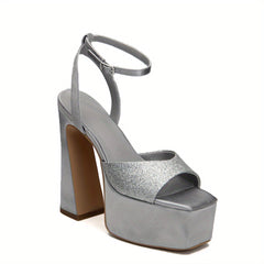 Sequins Pattern Heel Sandals Ankle Strap Slingback Platform Roman Shoes