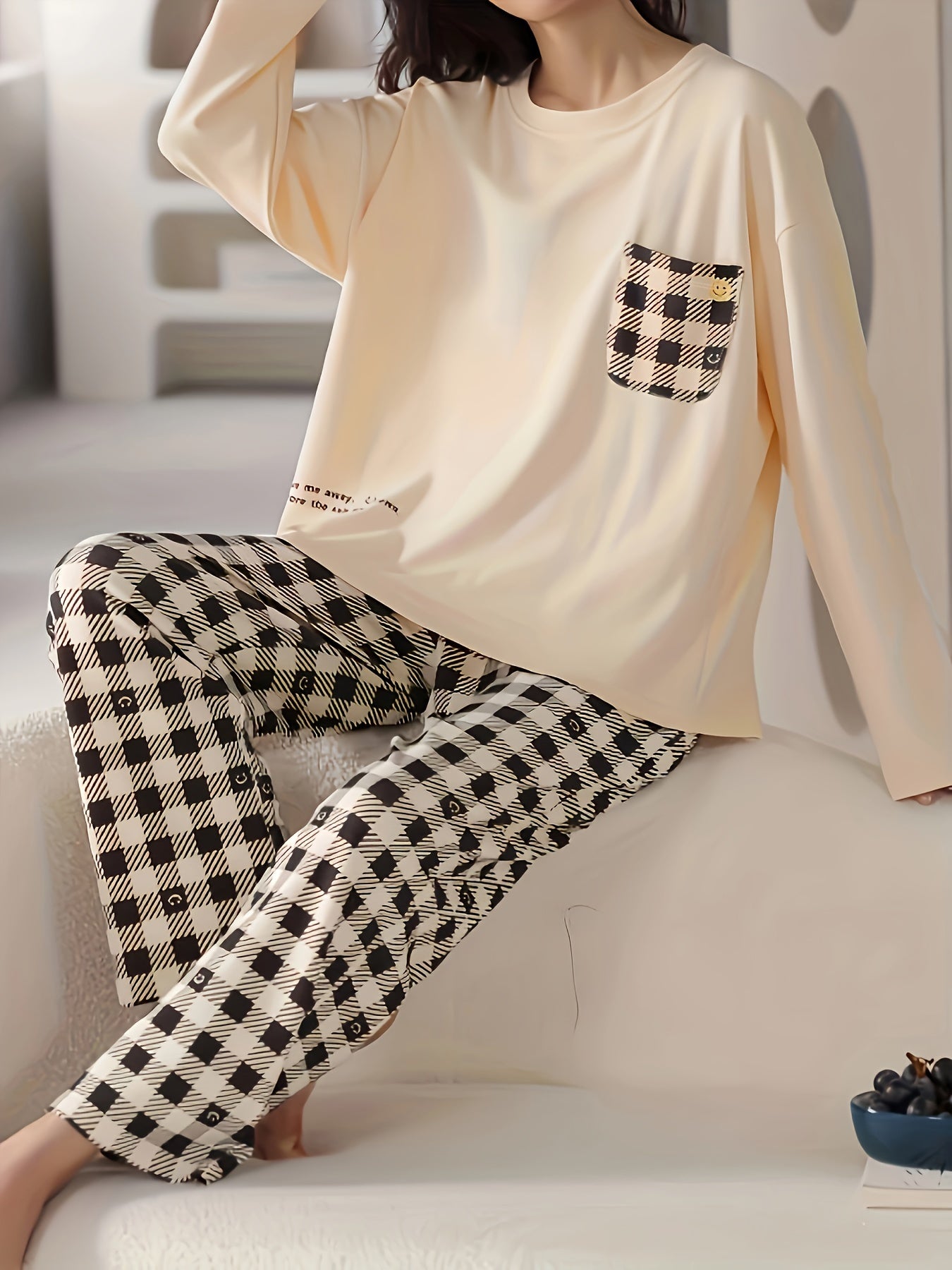 Plaid Print Pajama Set Long Sleeve Top & Pants