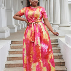 Tie Dye Print Short Sleeve Crop Top & Maxi Skirt Set Plus Size