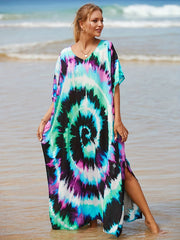 Tie Dye Bat Sleeve V Neck Cover Up Dress