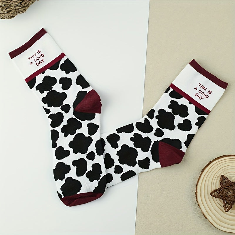 3 Pairs Cow Spot Print Socks Comfy & Breathable Mid Tube Socks Women's Stockings