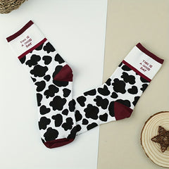 3 Pairs Cow Spot Print Socks Comfy & Breathable Mid Tube Socks Women's Stockings