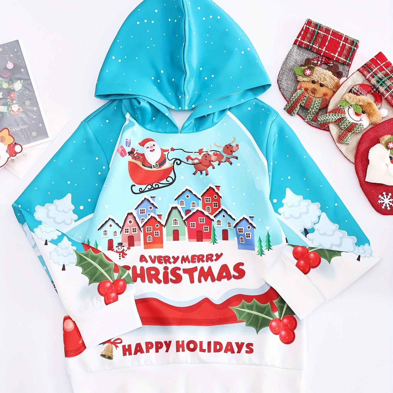Girls Santa Print Hoodies Comfy Sweatshirt Christmas Gift Party